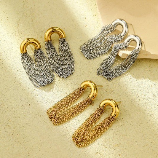 Simple Curved Chain Elegant Long Tassel Stainless Steel Studs C Type Design High-Grade Exquisite Titanium Steel Earrings