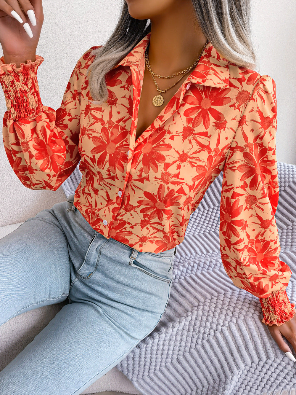 Spring Summer Casual Lantern Sleeve Contrast Color Floral Collared Shirt Women Clothing