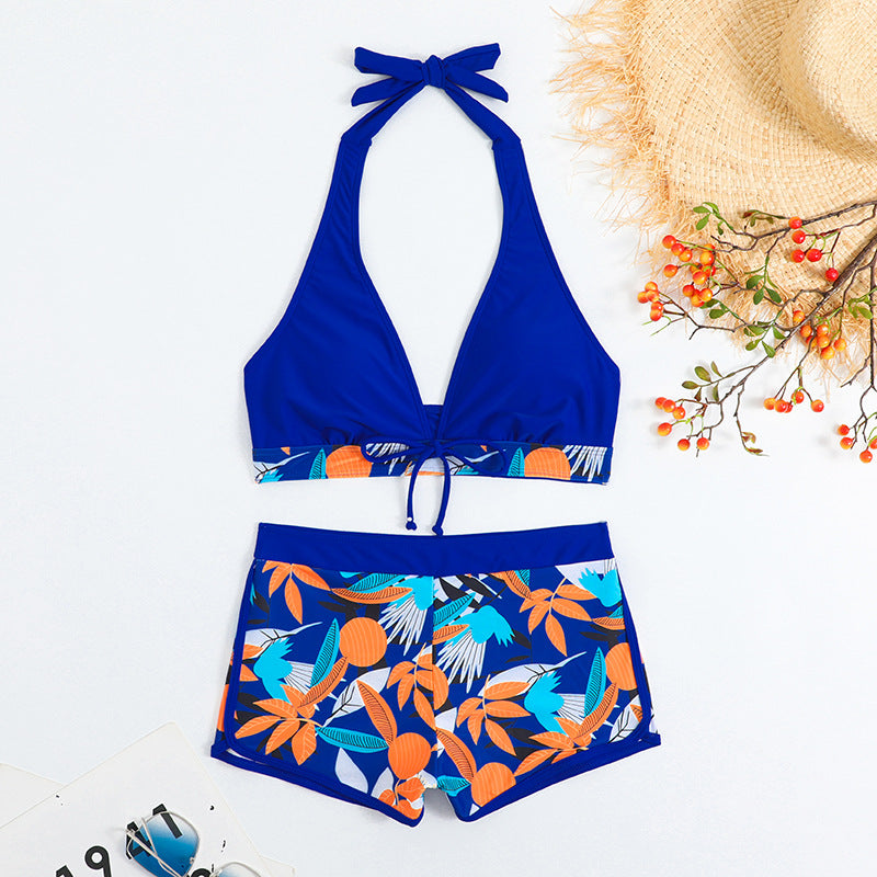 Swimsuit Women Split High Waist Boxer Lace Printing Solid Color Stitching Swimsuit