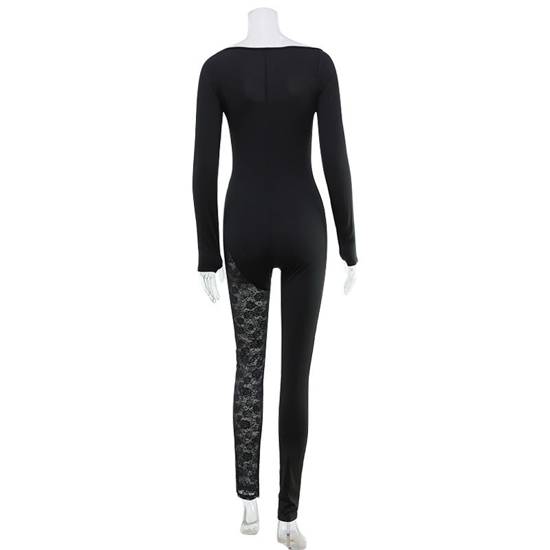 Tight Long Sleeve Square Neck off Shoulder Long Sleeve Trousers Lace Stitching Sexy Slim Fit Bodysuit