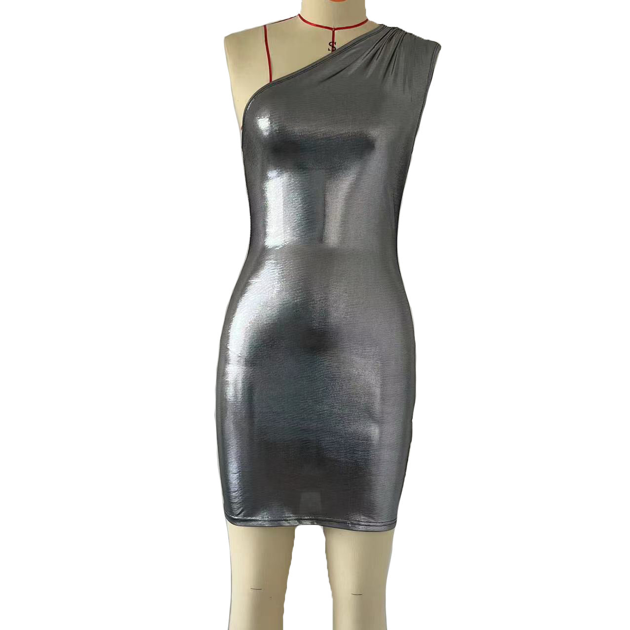 Women One Shoulder Asymmetric Metallic Sheath Sexy Night Club Sleeveless Dress