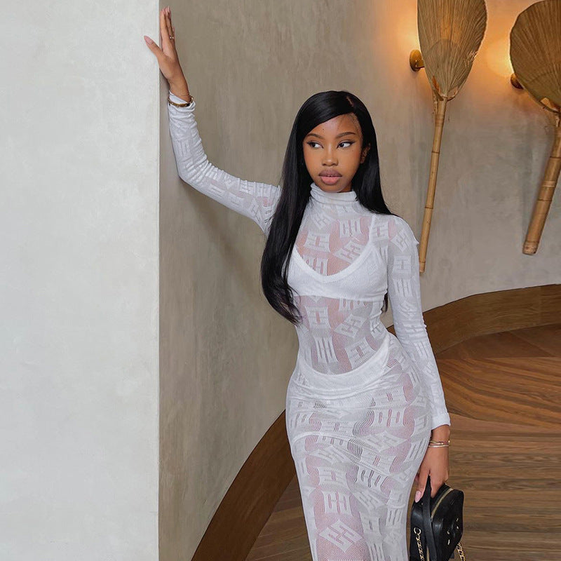 Long Sleeve Letter Graphic Print See through Sexy Dress Sexy Tight Stretch Dress Women