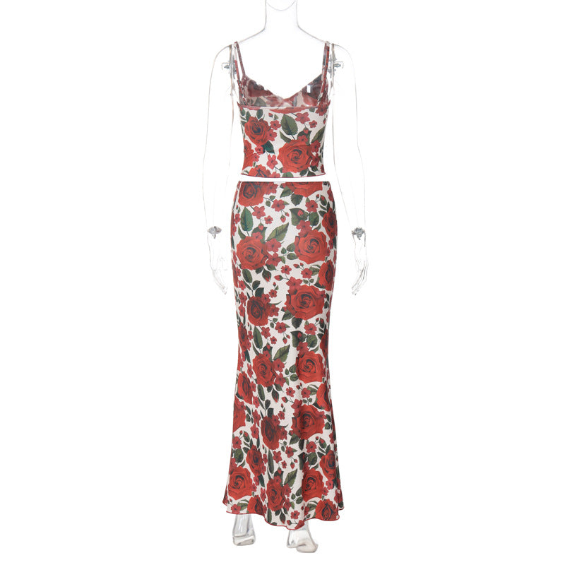 Autumn Floral Printed V neck Small Sling Sheath Close Fitting Skirt Set Women