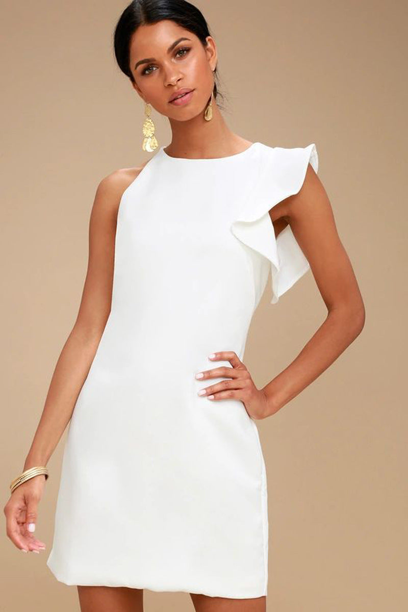 Women Clothing Nightclub Party Dress round Neck Solid Color Ruffles Single Sleeve Dress