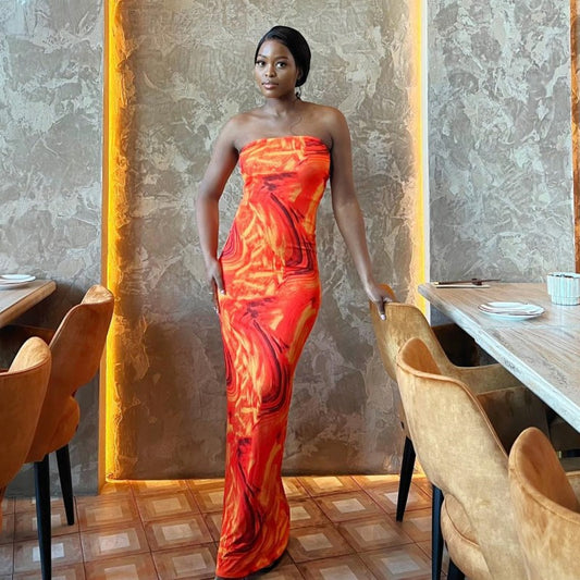 Summer Sleeveless Tube Top Printed Slim Fit Long Sheath Dress