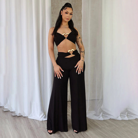 Women Spring Summer Lace up Halter Tube Top Heart Shaped Clasp Pleated High Waist Wide Leg Set