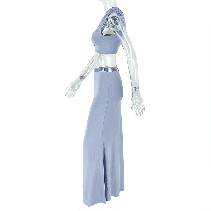 Sexy Women Wear Solid Color Elegant Casual Cropped Skirt Tube Top Diagonal Collar Top Sheath Dress Two Piece Sets