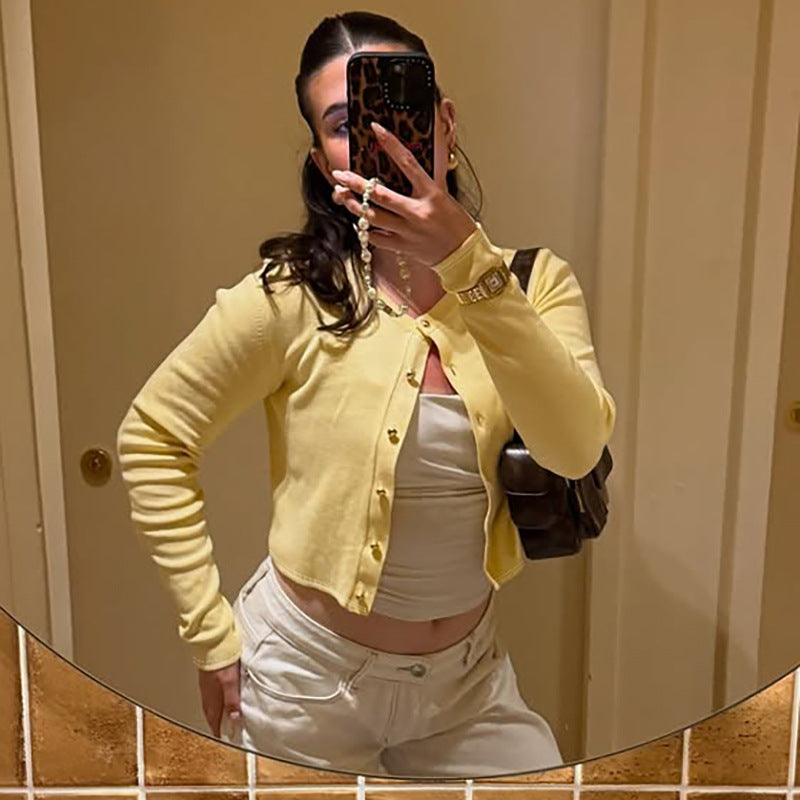 Best Seller in Women Clothing Summer Street Shooting Cardigan Button Solid Color Slim Fit Long Sleeves Top