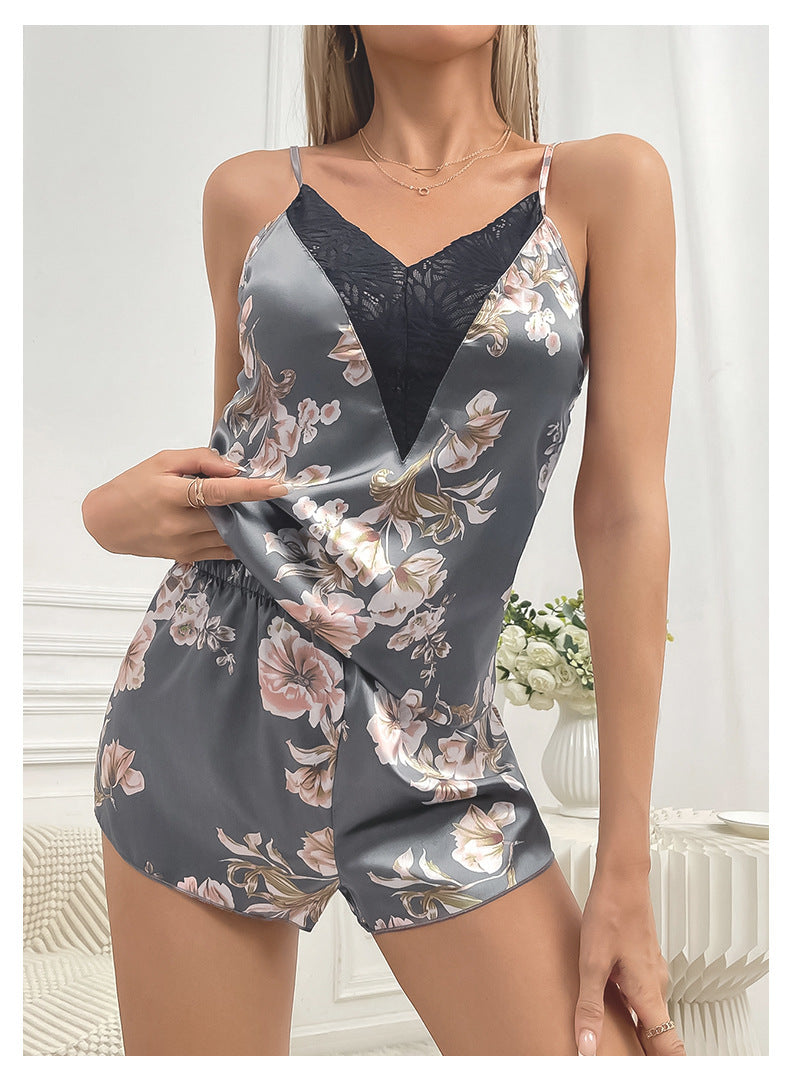 Spring Summer Women Printed Ice Silk Lace Stitching Pajamas Home Wear Source