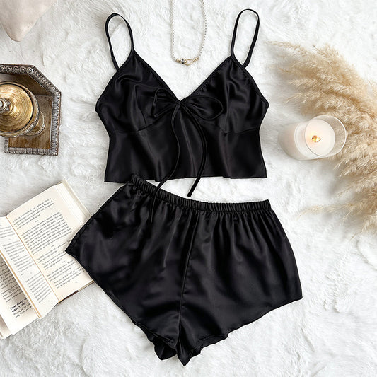 Sexy Lingerie Sexy Home Wear Ice Silk Pajamas Women Sling Apron Shorts Set