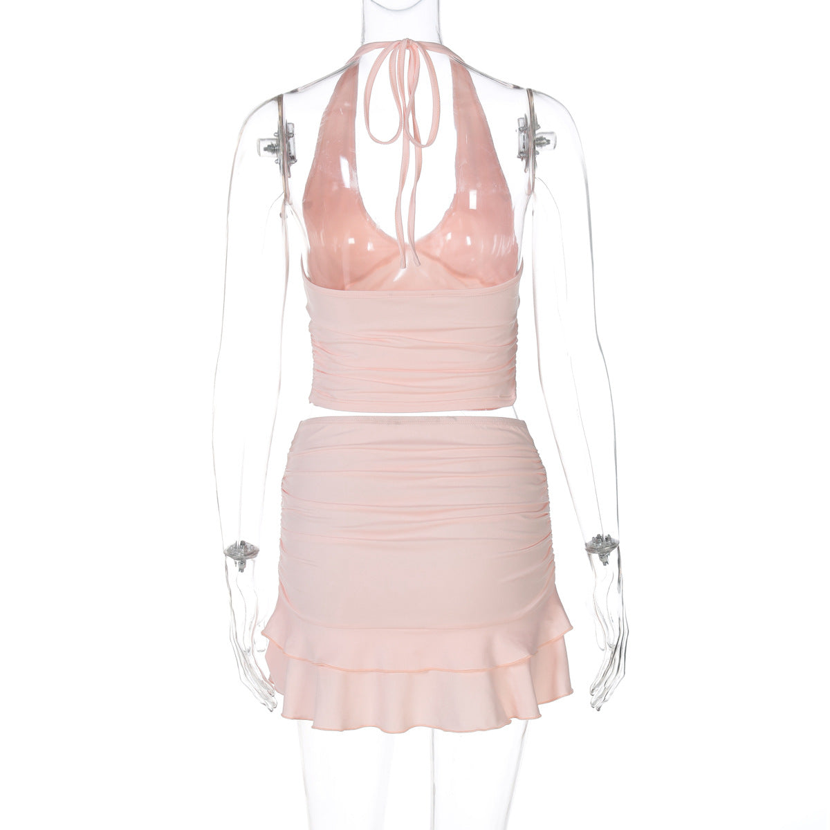 Sexy V neck Hollow Out Cutout out Halter Vest Tight Ultra Short Solid Color Stringy Selvedge Skirt Outfit Two Piece Set