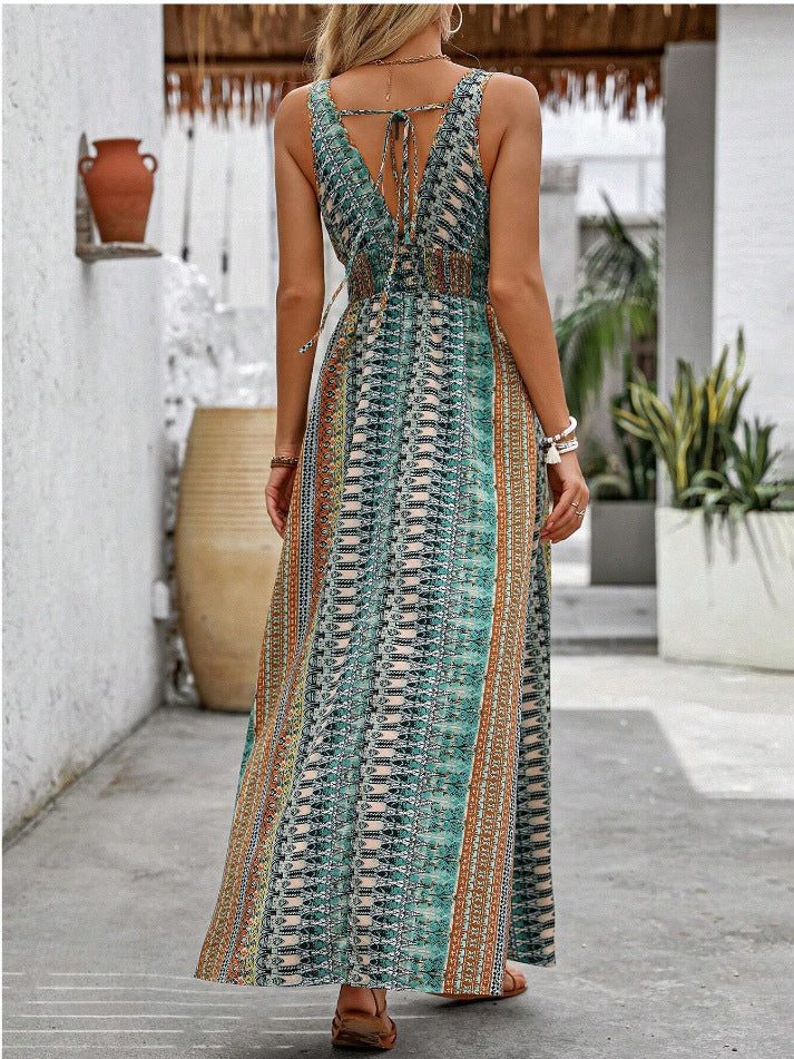 Summer Women V neck Split Sleeveless Dress