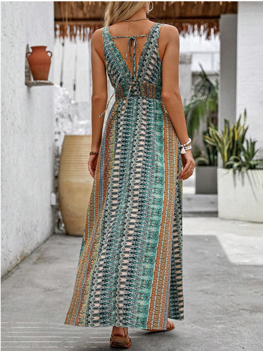 Summer Women V neck Split Sleeveless Dress