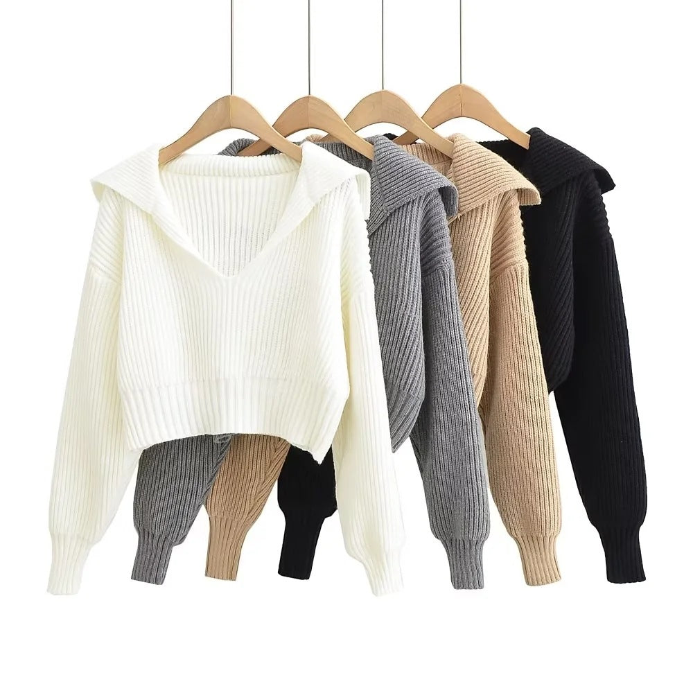 Spring Autumn Four-Color Loose Large Collared All Matching Sweater Women Loose Cropped Sweater Internet Celebrity Sweater Top