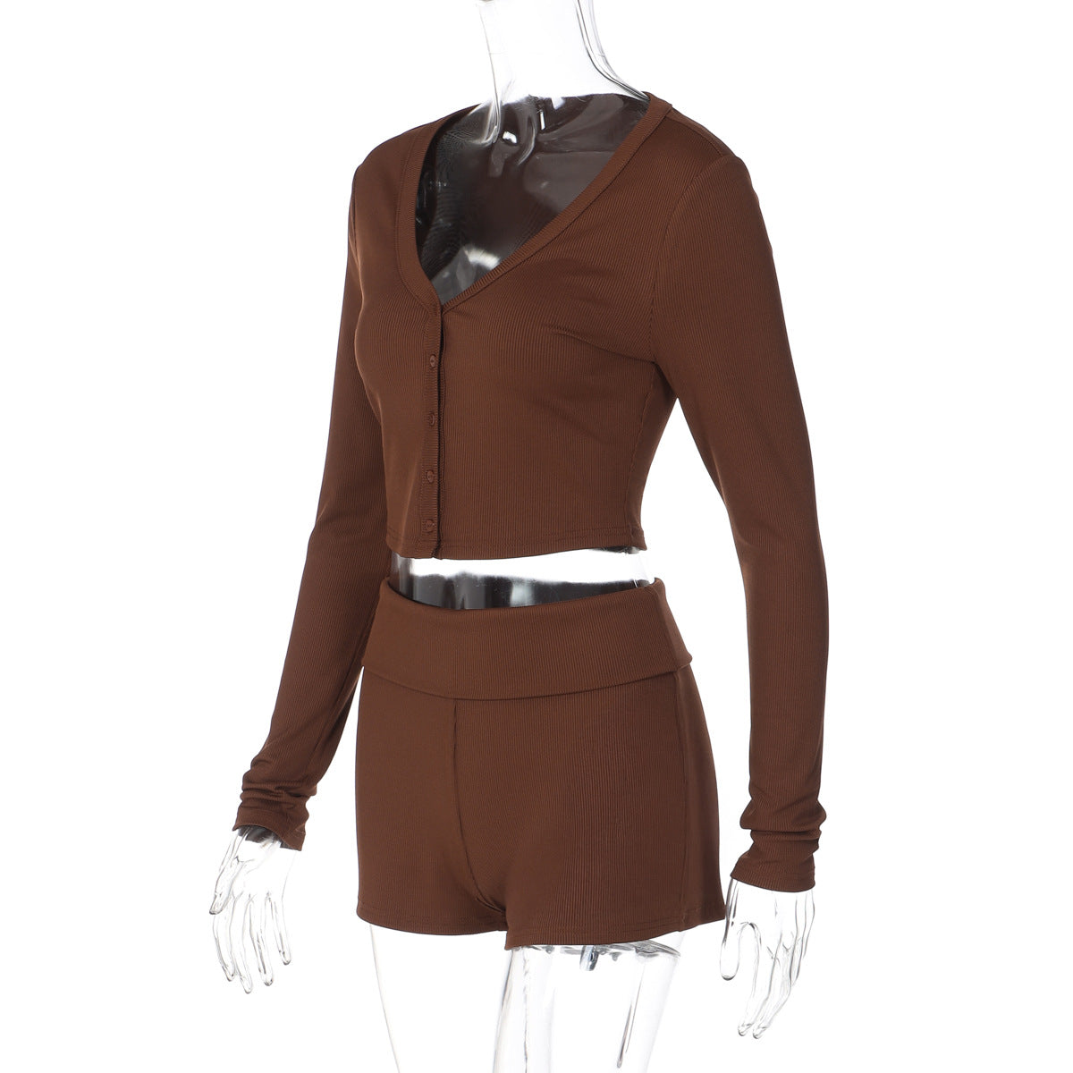 Women Solid Color Long Sleeve Two Piece Set Winter Breasted Cardigan Slim Fit Short Set