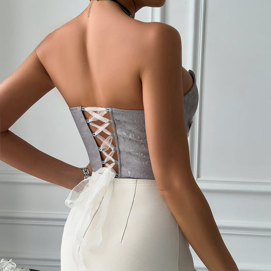 Sexy Deep V Plunge neck Low Cut Lace up Three Dimensional Butterfly Floral Backless Boning Corset Tube Top Vest