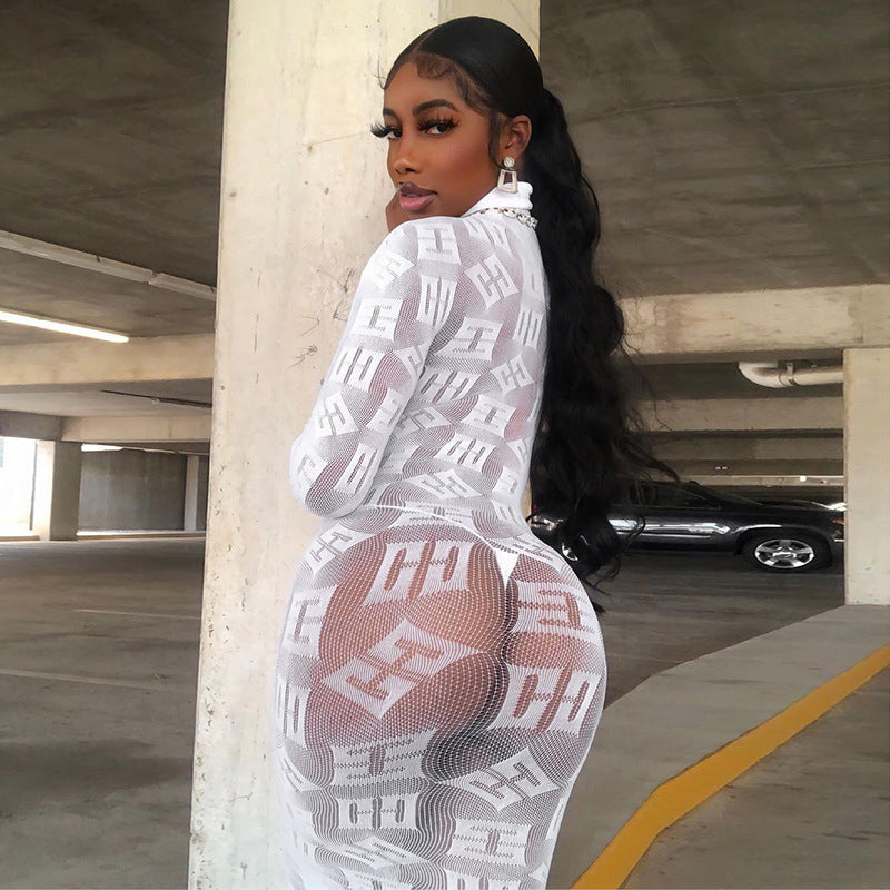 Long Sleeve Letter Graphic Print See through Sexy Dress Sexy Tight Stretch Dress Women