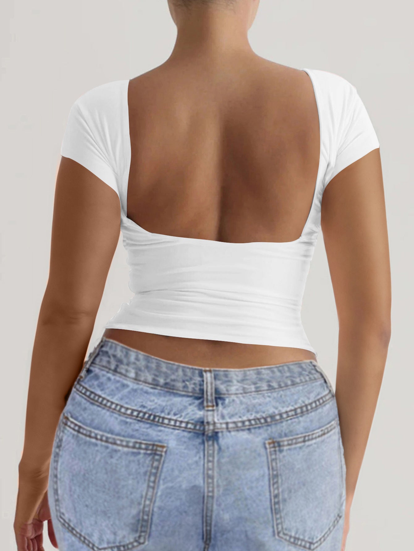Spring Summer Solid Color round Neck Exposed Back Short Sleeve Sexy Slim Top T shirt Women Clothing