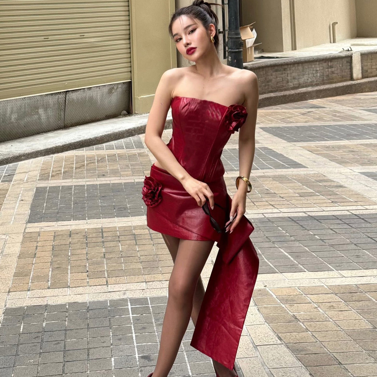 Women Clothing Autumn French Sexy Three Dimensional Floral Faux Leather Tube Top Vest Hip Skirt Set
