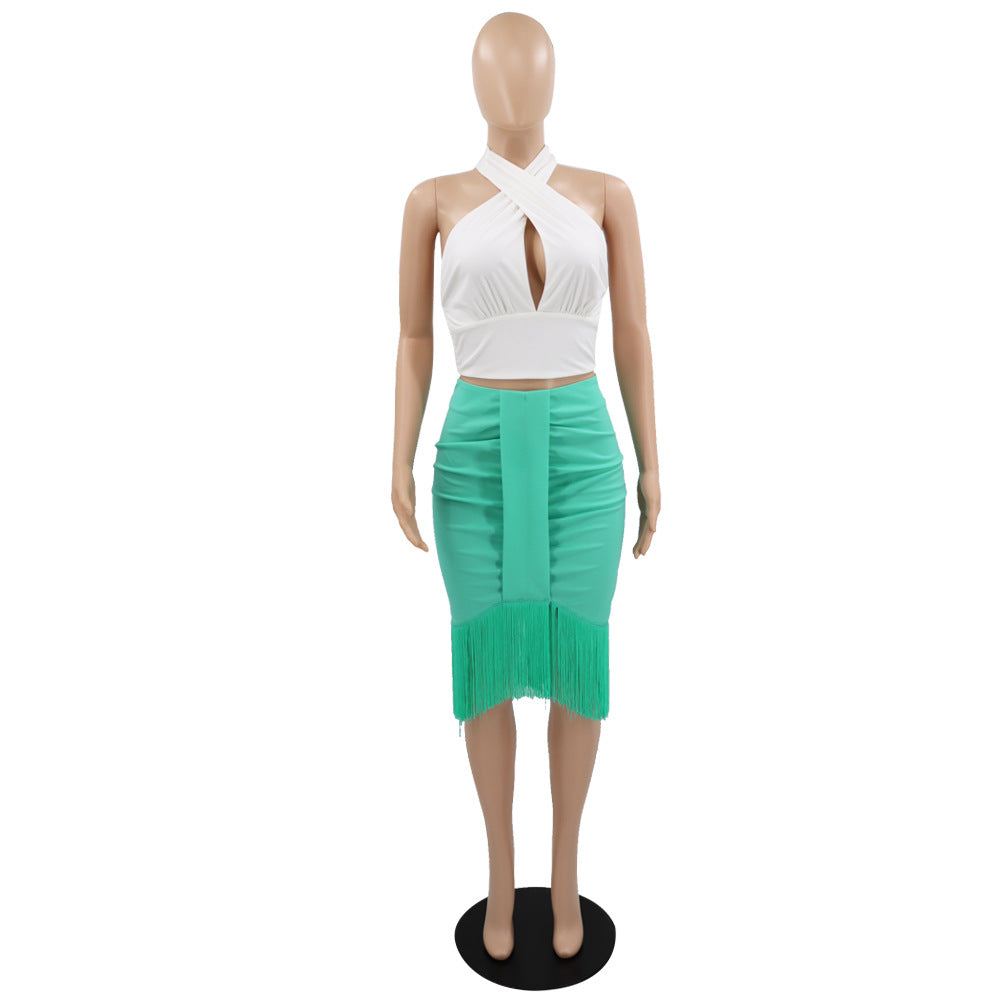 Women Halter Short Top Sheath Tassel Skirt Two Piece Set