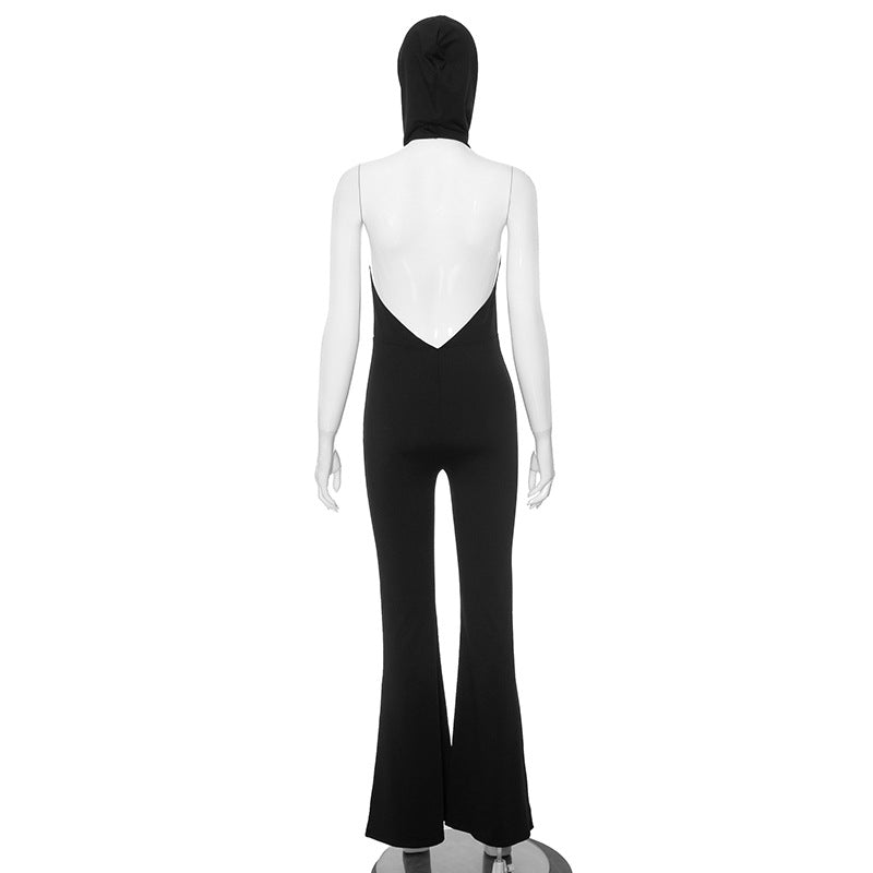 Black Backless Hooded Jumpsuit Women Clothing Sexy Design
