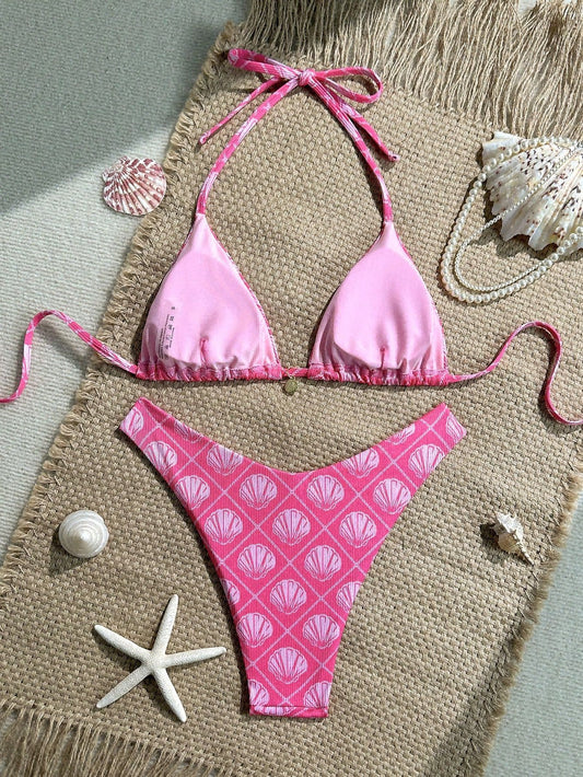 Swimwear Shell Printed Bikini Halter Sexy Lacing Bikini Women Seperated Swimwear