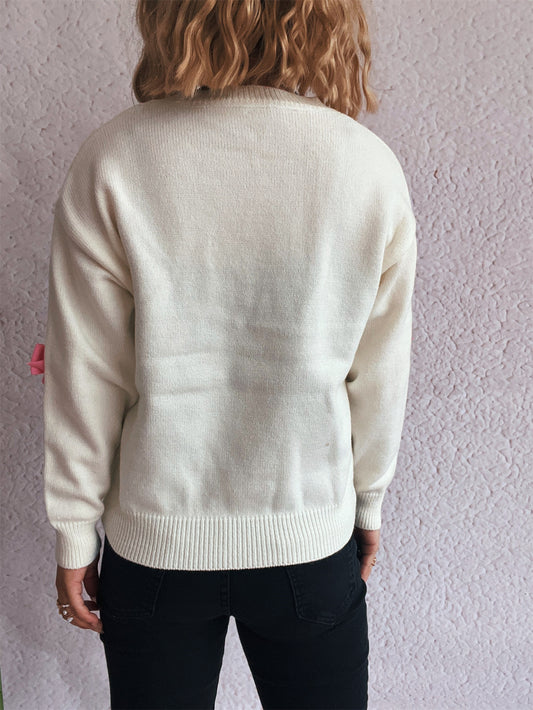 Sticky Bow Casual Sweet Knitted Top Autumn Winter round Neck Sweater Pullover