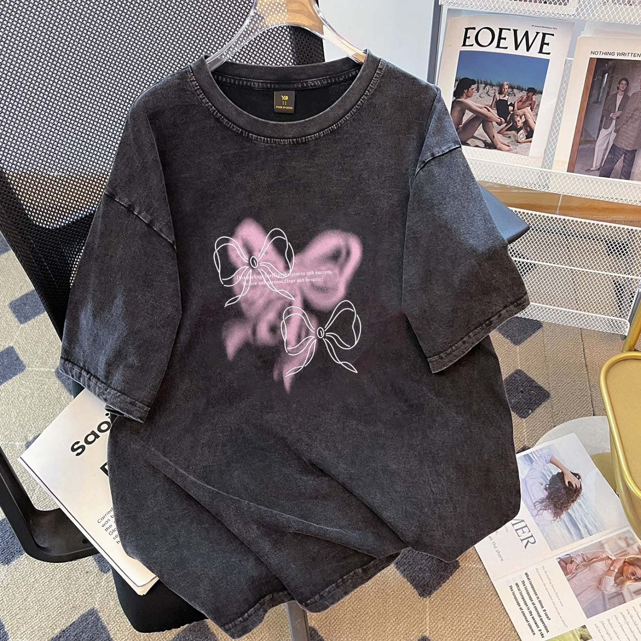 Sweet Cool Advanced Butterfly Washed Distressed Couple Short Sleeve T shirt Men Women Hip Hop National Half Sleeve Top
