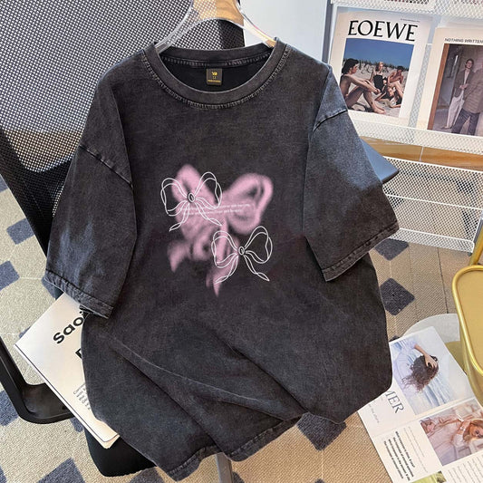 Sweet Cool Advanced Butterfly Washed Distressed Couple Short Sleeve T shirt Men Women Hip Hop National Half Sleeve Top