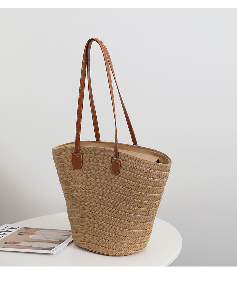 Simple Shoulder Straw Bag Large Capacity Straw Bag Woven Bag Tote Bag Women Seaside Vacation Beach Bag