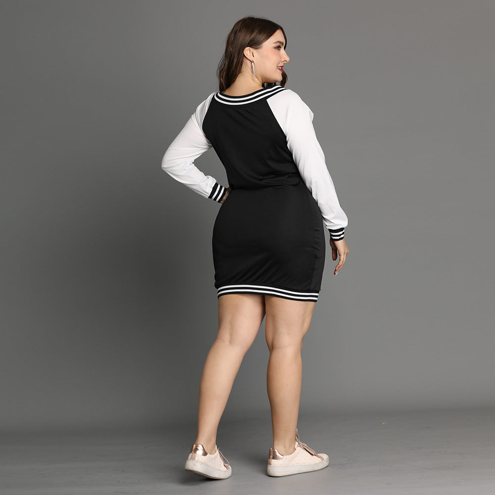 Plus Size Autumn Women Long Sleeve Color Zipper Dress Mid-Length