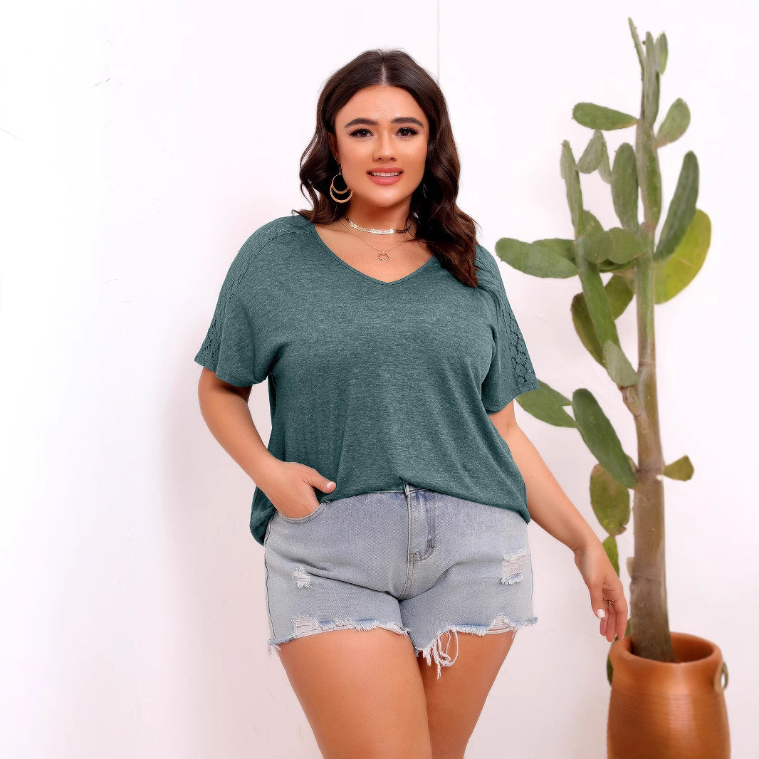 Loose Cutout Lace Stitching Solid Color V neck Short Sleeve