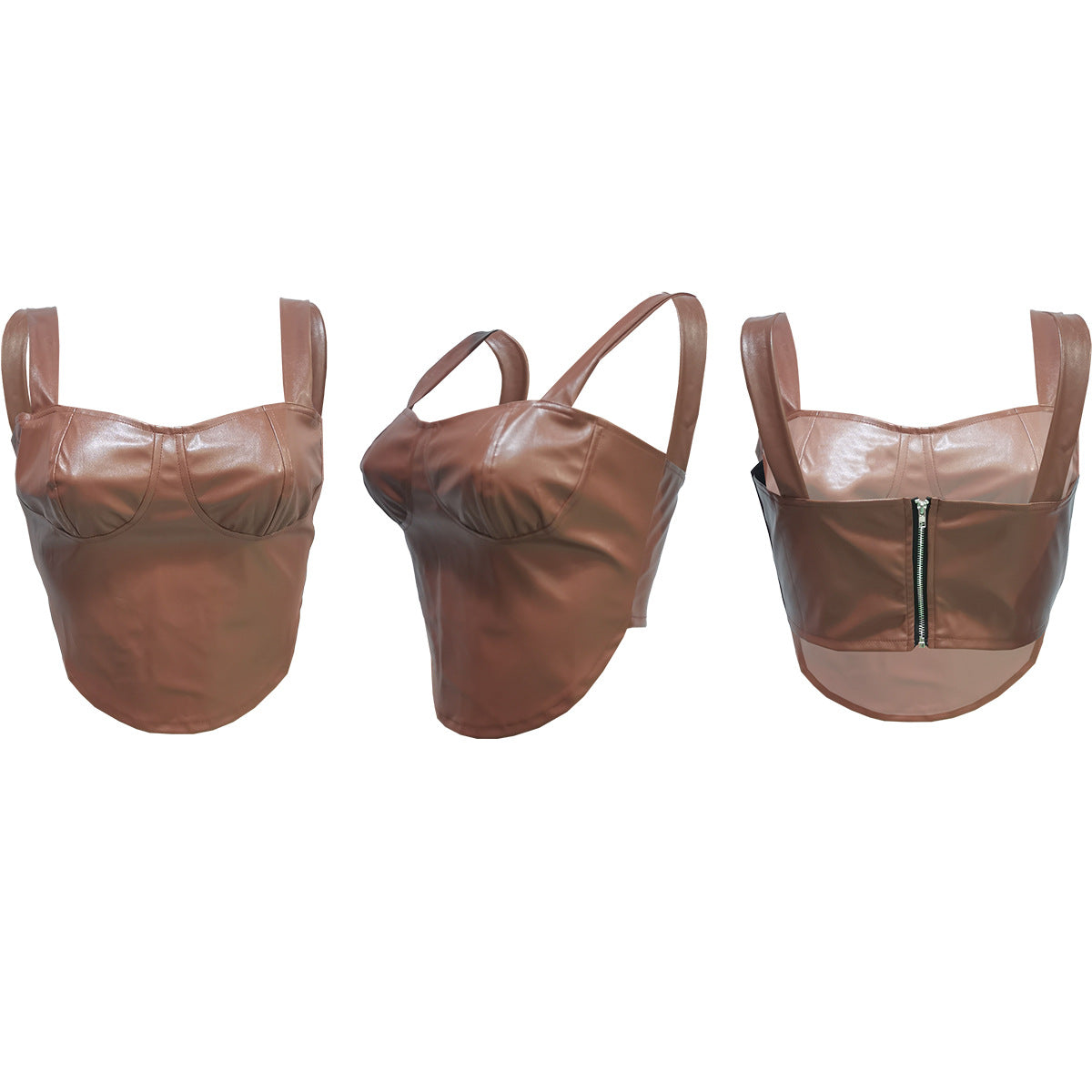 Women Clothing Spring Summer Solid Color Faux Leather Sleeveless Spaghetti Straps Corset Zipper Vest