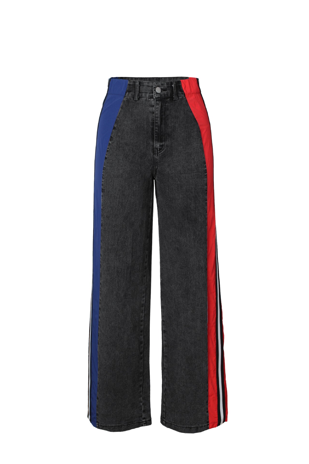Women Clothing Patchwork Stripes Contrast Color Denim Trousers Casual Waist Stretchy Straight Leg Pants