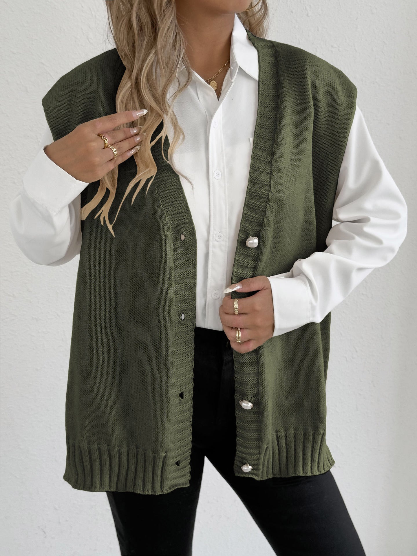 Women Top Autumn Winter Vest Women Clothing Pearl Buckle Loose Casual Cardigan Sweater Vest