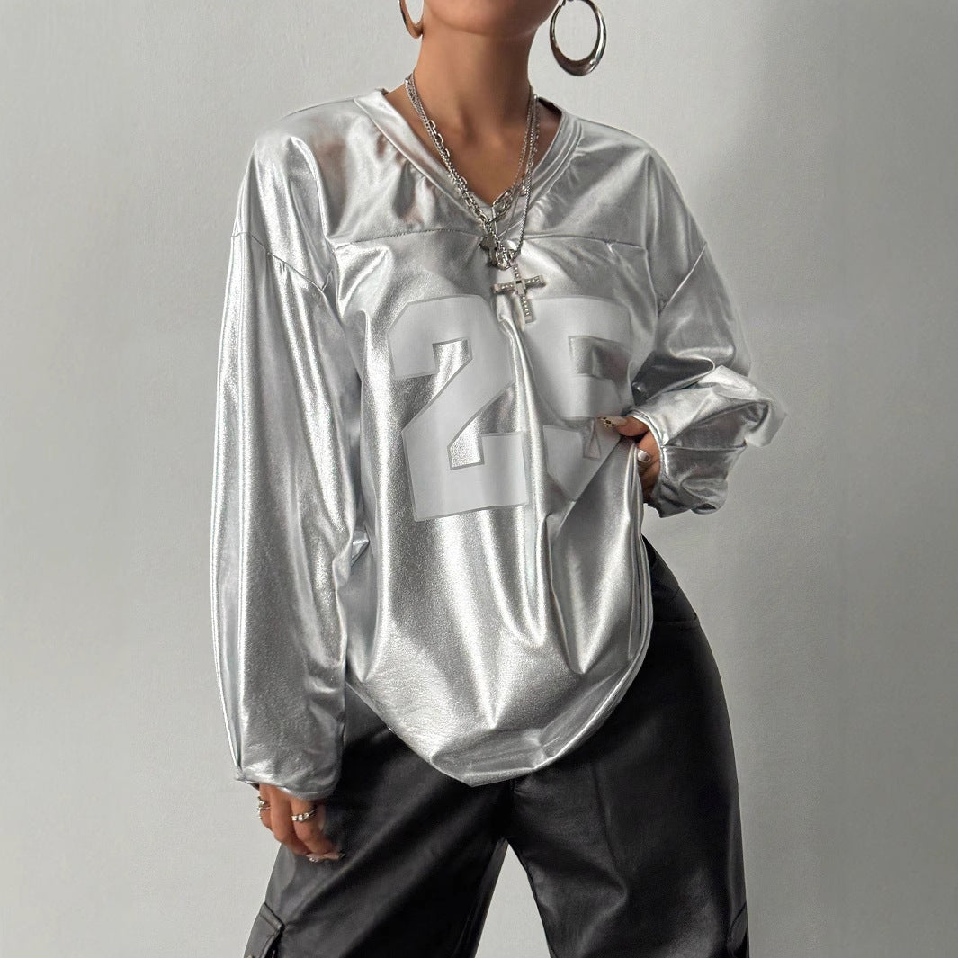 Women Clothing Street Casual Letters Printed V neck Women Long Sleeve Top