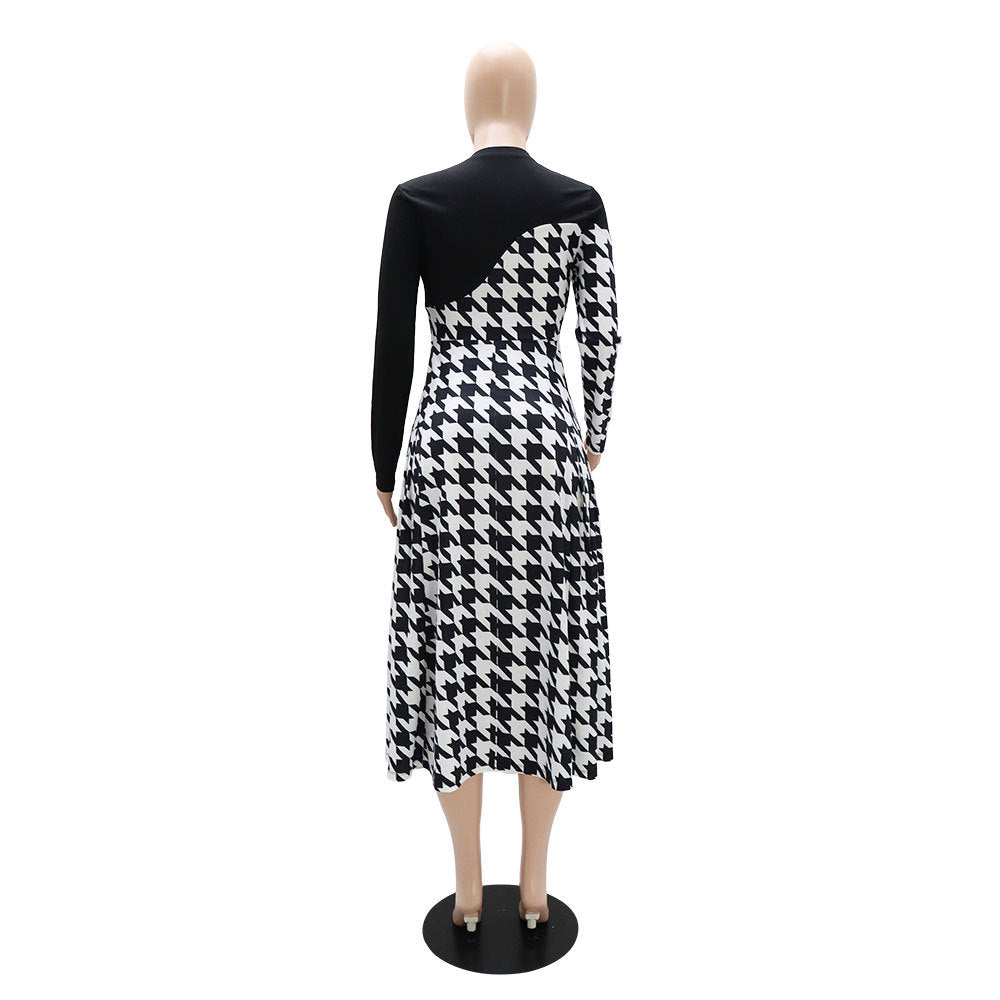 Stitching Houndstooth Spring Autumn All Match Long Sleeve Women Dress