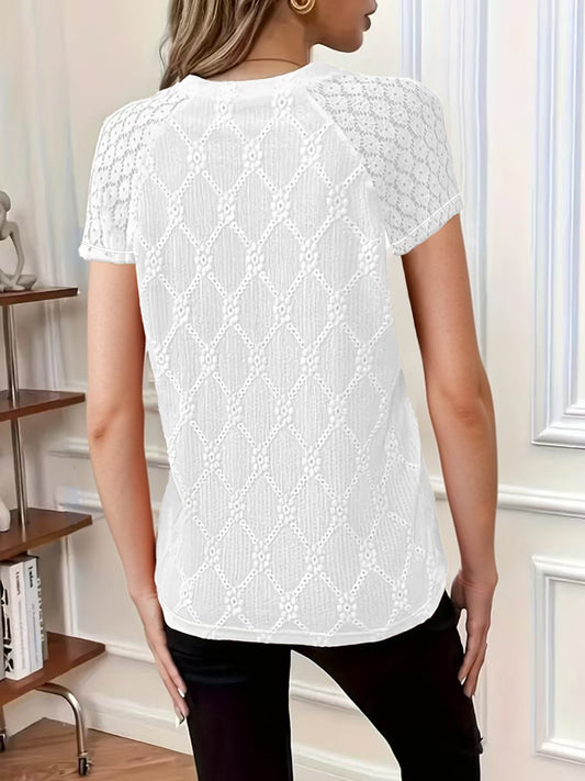 T shirt Casual Women round Neck Short Sleeve Top Crochet