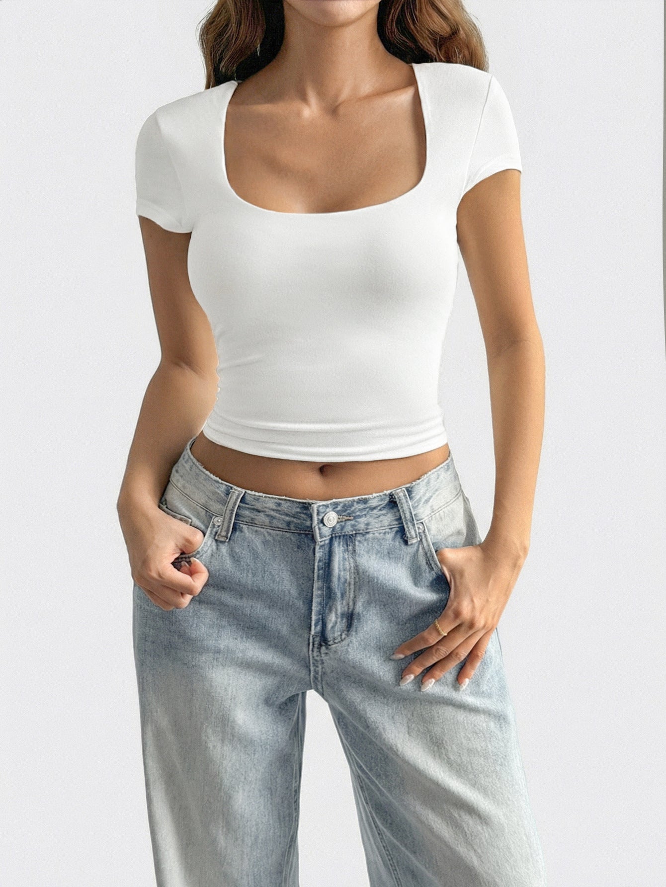 Women Clothing Summer Sexy All Match Solid Color Short Sleeved Top T shirt
