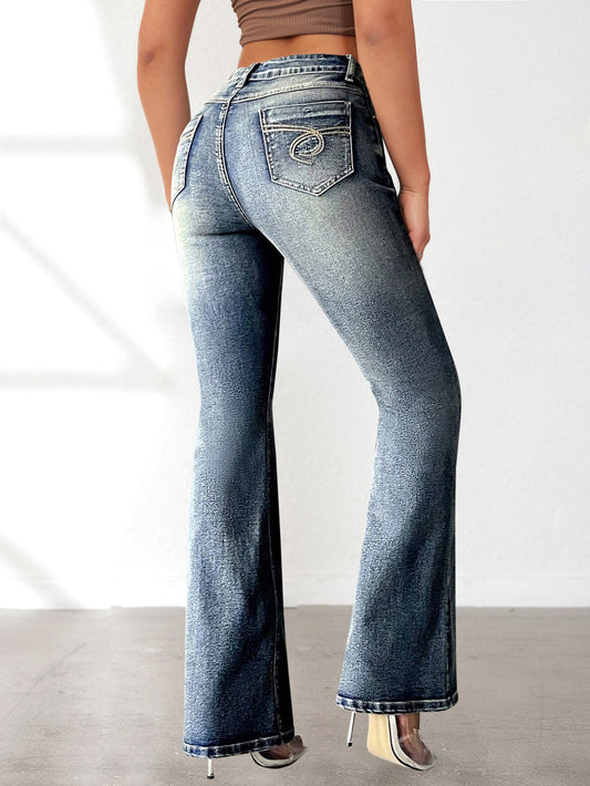 Women Sexy Jeans High Elastic Pocket Embroidered Vintage Jeans Slim Fit Hip Raise Bell Bottom Pants
