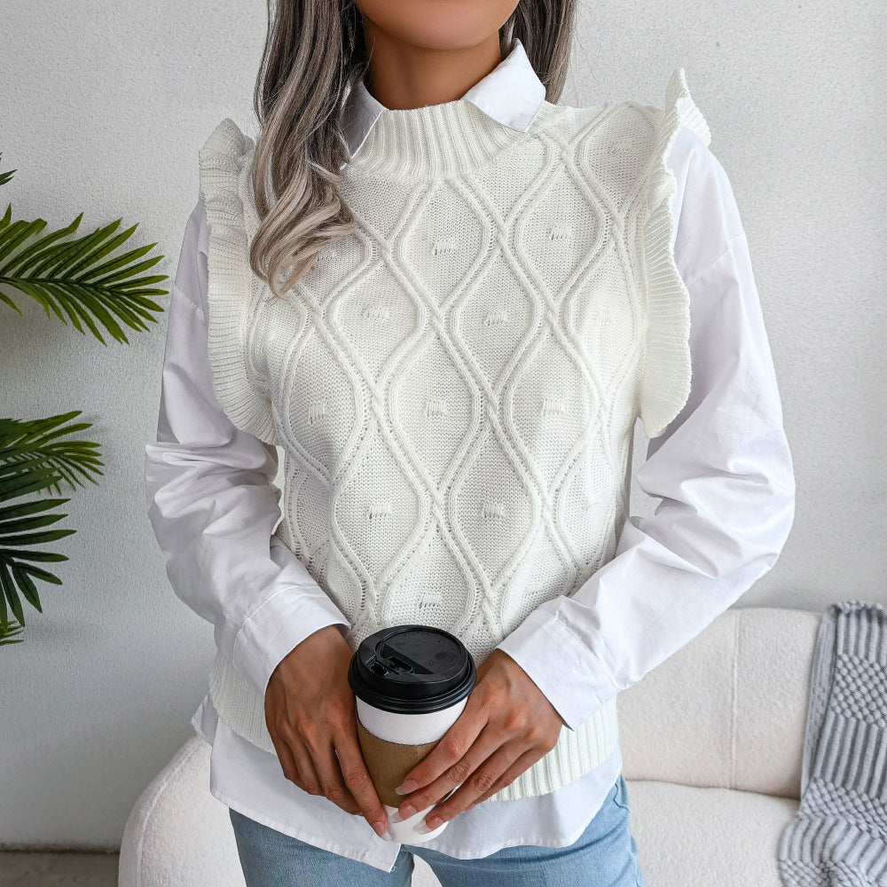 Autumn Winter Wooden Ear Diamond Knitted Vest Sweater Women Clothing