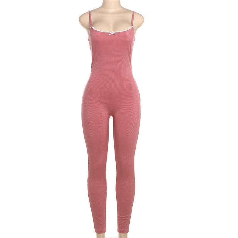 Autumn Winter Sexy Tight Low Cut Solid Color Trousers Strappy Bow Jumpsuit