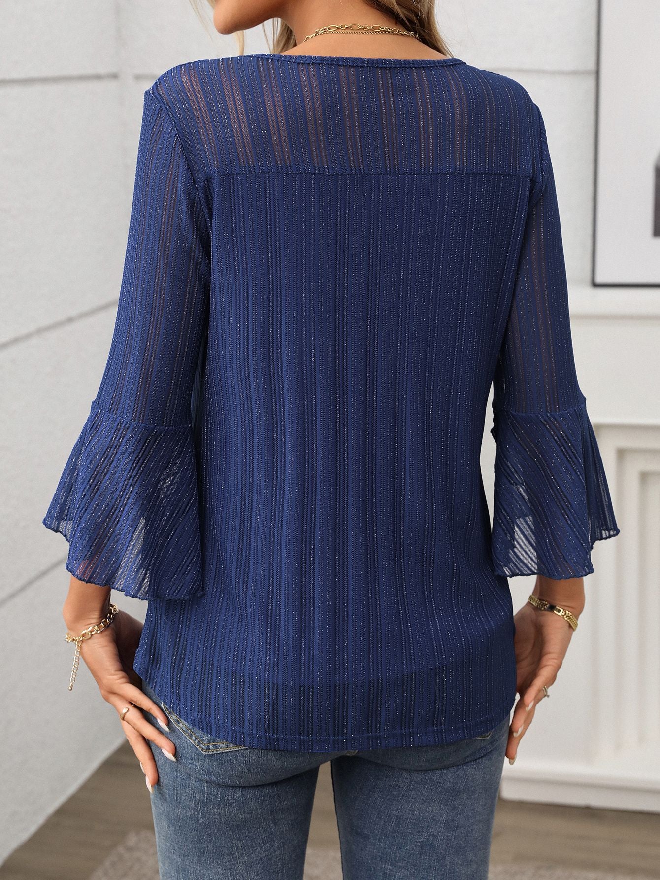 Women Clothing Elegant round Neck Ruffle Sleeve Shiny Mesh Top