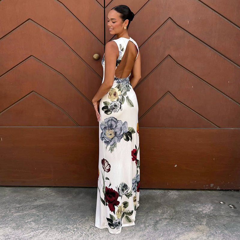 Fashionable Elegant round Neck Sleeveless Pullover Plant Floral Print Slim Fit Maxi Dress