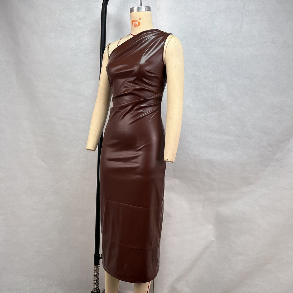 Women Clothing Tight Wrapped Chest Shoulder Faux Leather Dress Sexy Nightclub Dress