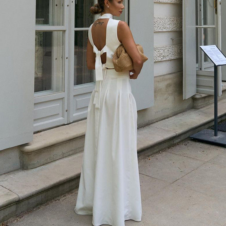Women Clothing Summer Sexy Halter Sleeveless Lace up Backless Top Pleated Skirt Two Piece Sets