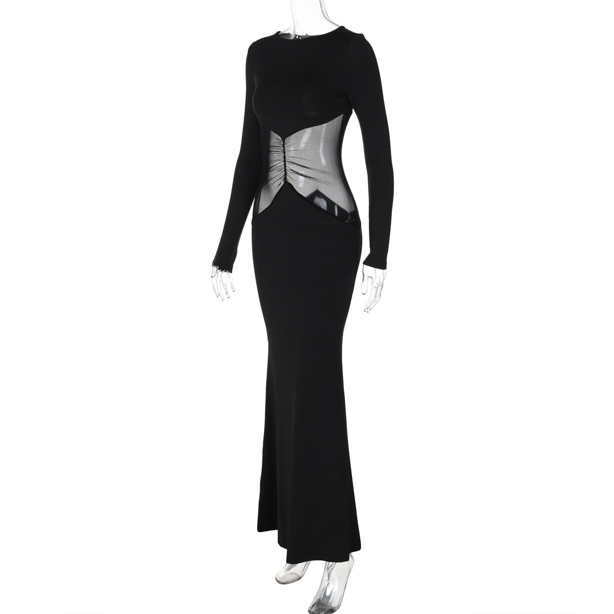 Fall Women Clothing round Neck Pullover Long Sleeve Mesh Slim Fit Patchwork Hip Bag Dress
