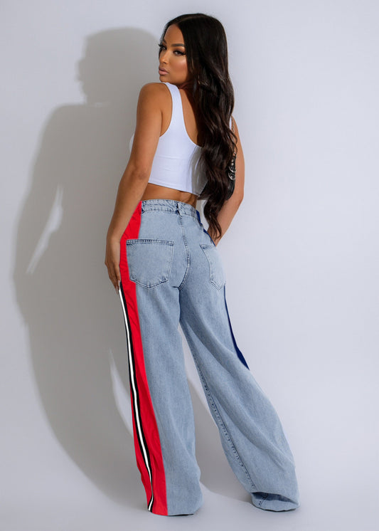 Women Clothing Patchwork Stripes Contrast Color Denim Trousers Casual Waist Stretchy Straight Leg Pants
