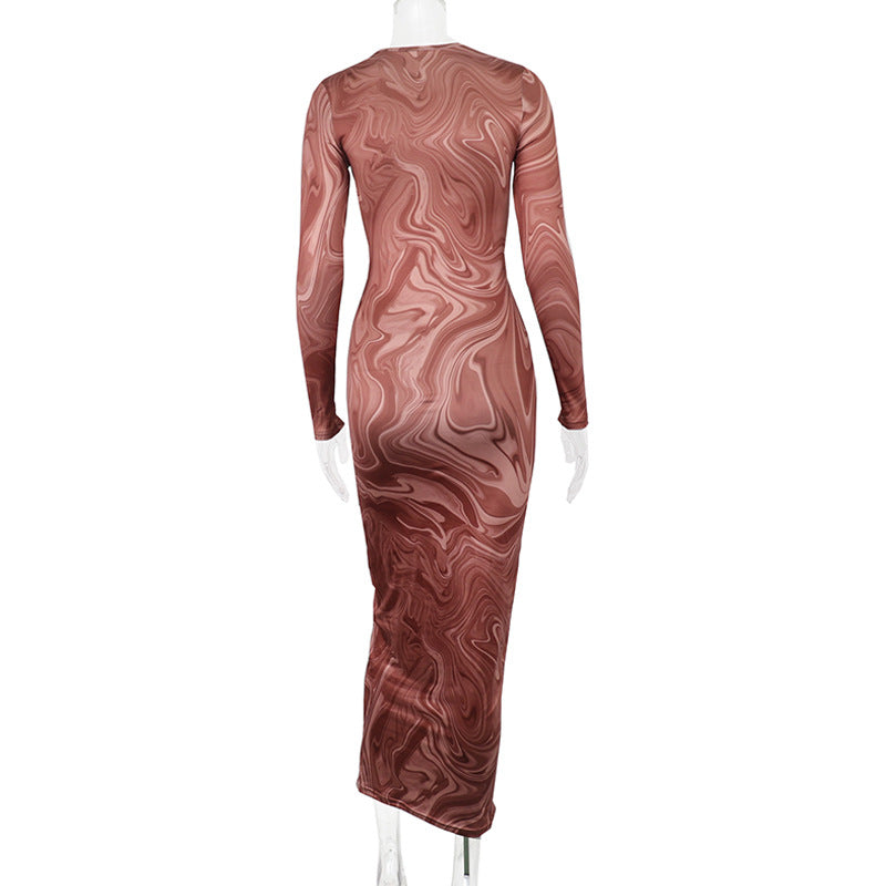 Women Clothing Autumn Winter Print round Neck Long Sleeve Slim Mid Length Dress