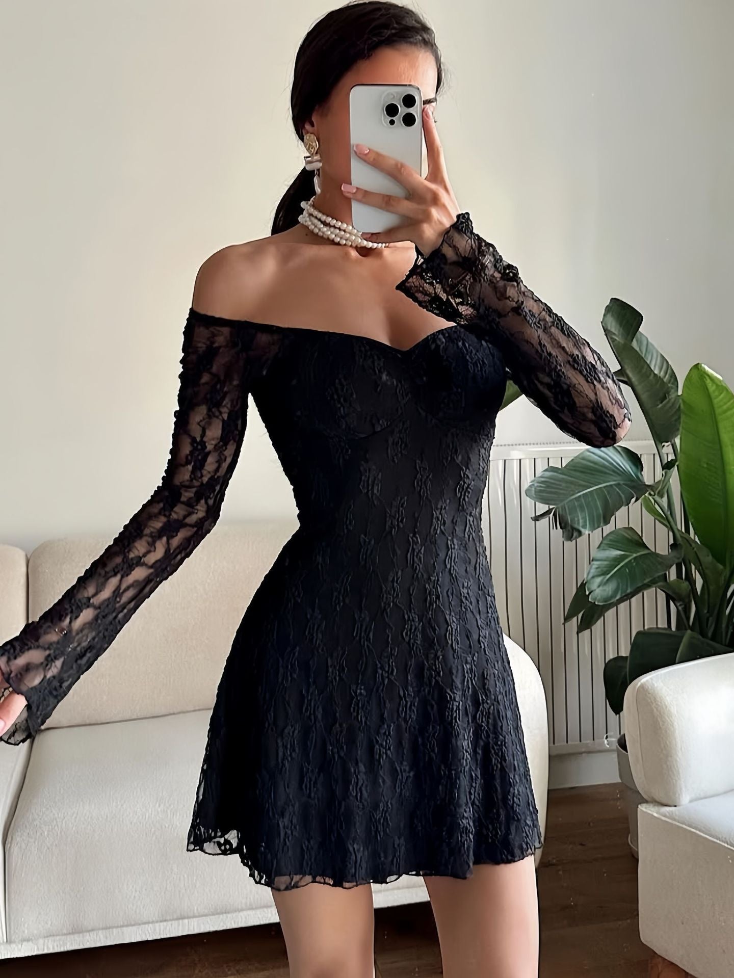 Women Clothing Autumn Winter Women Dress Sexy Square-Neck Lace Long Sleeve Slim Fit Sheath Dress Women